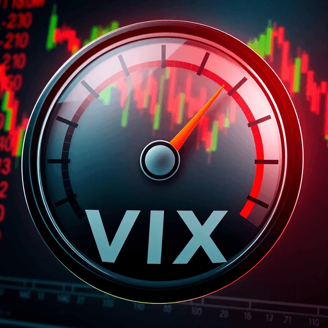 A stylized gauge indicating volatility levels, set against a stock market chart, using red and green colors to represent anxiety and calmness in market emotions.