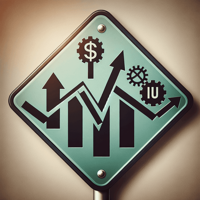 A road sign with a broken gear symbol entangled with an upwards arrow symbol.