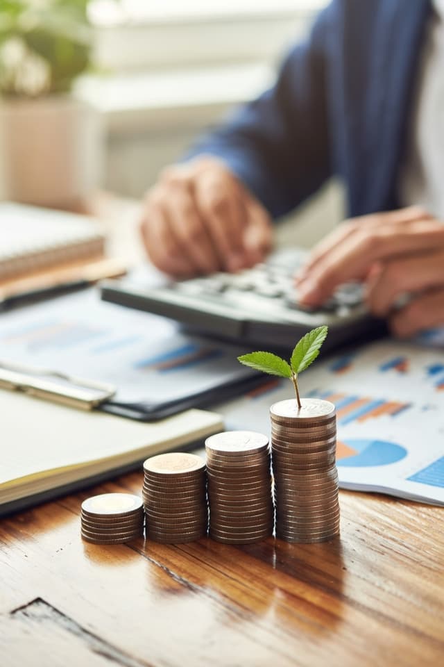 A plant growing out of a pile of coins, representing dividend growth investing